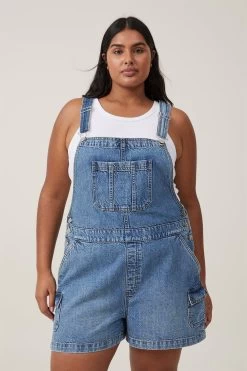 Cotton On Cargo Short Denim Overall Mid Blue