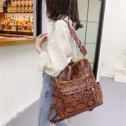 Beakey Fashion Backpack Multipurpose Print Leather Travel Shoulder Bag-Brown Snake Pattern -Madam Clothing Store 940fcc19abe7b7bd1800fa173830f402