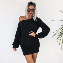 Beakey Womens Autumn Winter Off Shoulder Casual Loose Sweater Dress-Black -Madam Clothing Store 958335d5010a5717112be944c3789826