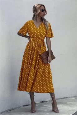 Anette Women's Floral Dress - Yellow & White Polka Dot -Madam Clothing Store 9596e672 6eb8 4173 bd75 7fe41382eaaa
