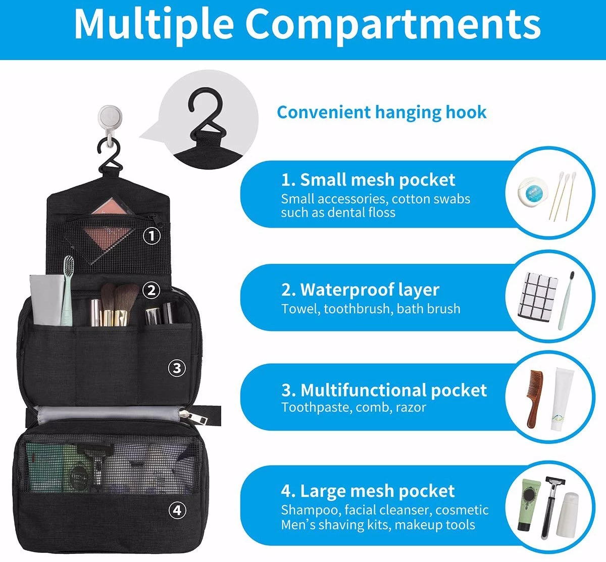 Catzon Toiletry Bag Travel Bag With Hanging Hook, Water-resistant Makeup Cosmetic Bag Travel Organiz 6 Catzon Toiletry Bag Travel Bag With Hanging Hook, Water-resistant Makeup Cosmetic Bag Travel Organiz - Image 5