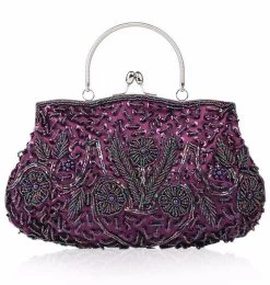 Beakey Beaded Sequin Design Flower Evening Purse Large Clutch Bag-Purple