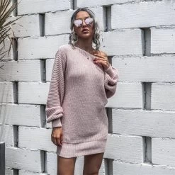 Beakey Womens Autumn Winter Off Shoulder Casual Loose Sweater Dress-Pink -Madam Clothing Store 9f06fd45107da3758f5561dd1ed2a502