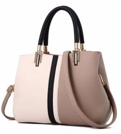Beakey Fashion Colorblock Shoulder Bag Women Top Handle Leather Totes-Khaki