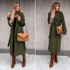 Beakey Womens Trench Coats Lapel With Tie Belt Fashion Winter Long Outwear-Army Green -Madam Clothing Store 9f3987674e2d30a8ef6366281a9a2f1d