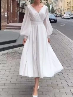 Michel Laperle Women's Surplice Neckline Midi Dress - White