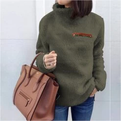 Beakey Womens Turtleneck Sweatshirt Winter Faux Fuzzy Sherpa Pullover-Army Green -Madam Clothing Store a437419f91979dbde4703f87976c79f5
