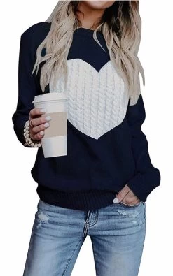 Beakey Women's Long Sleeve Pullover Sweater CrewNeck Cute Heart Knit Sweater-Navy Blue
