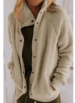 Womens Oversized Long Sleeve Button Sherpa Jacket Coat Pockets Warm Fleece-Apricot -Madam Clothing Store a5d450a7d0b6380648d86bb6b52491e5