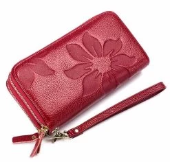 Beakey Womens Leather Wallet Embossed Double Zipper Wallet-Red Wine
