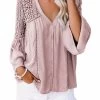 Beakey Womens V-neck Lace Crochet Shirt Flare Sleeve Buttoned Blouses-Pink -Madam Clothing Store ab6c118b8ed502b78b509e6f2d456881