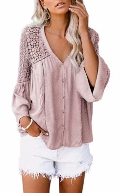 Beakey Womens V-neck Lace Crochet Shirt Flare Sleeve Buttoned Blouses-Pink