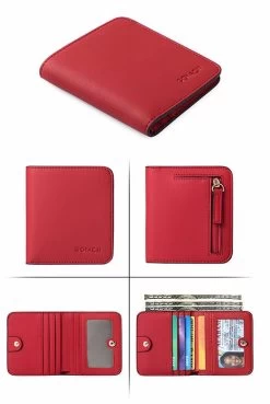 Beakey Womens Leather Mini Wallet With ID Card Window Portable Coin Purse-Red -Madam Clothing Store ac57e75cafbf2b6793f88fce36168ff0