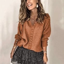 Beakey Womens Pullover Sweater Lace V Neck Long Sleeve Button Top-Brown -Madam Clothing Store ad0a93861cfc0d40866c7e99ca449b59