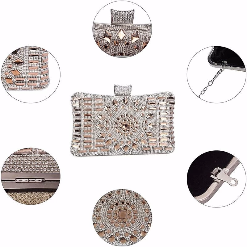 Beakey Women Geometric Diamante Evening Party Clutch Bags-Silver 7 Beakey Women Geometric Diamante Evening Party Clutch Bags-Silver - Image 5