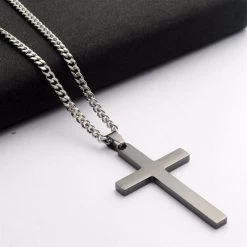 Black Stainless Steel Plain Silver Jesus Cross Crucifix Pendant Necklace