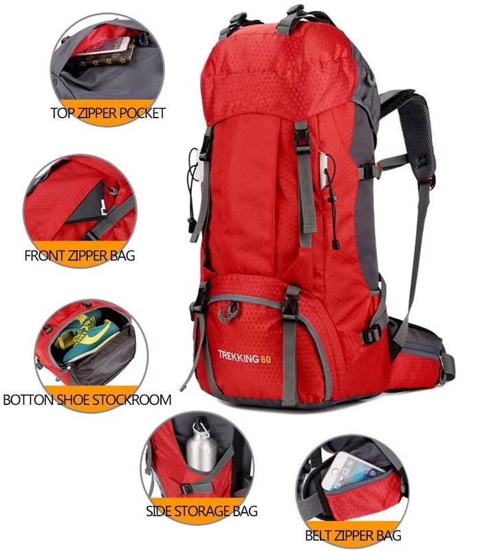 Beakey 60L Waterproof Lightweight Hiking Backpack With Rain Cover For Climbing Camping-Red 5 Beakey 60L Waterproof Lightweight Hiking Backpack With Rain Cover For Climbing Camping-Red - Image 3