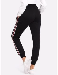 Womens Drawstring Waist Red And White Striped Side Jogger Sweatpants With Pocket-Black -Madam Clothing Store ba8c42964038b5ed2808870491ca5058