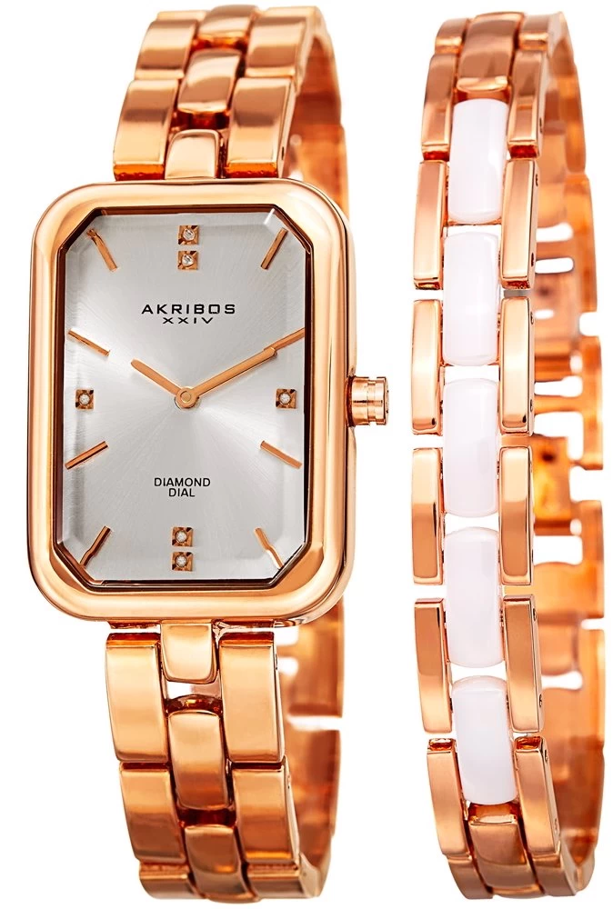 Akribos XXIV Women's Quartz Diamond Rectangular Rose-Tone + Jewelry Bracelet Watch - Rose Gold 7 Akribos XXIV Women's Quartz Diamond Rectangular Rose-Tone + Jewelry Bracelet Watch - Rose Gold - Image 5