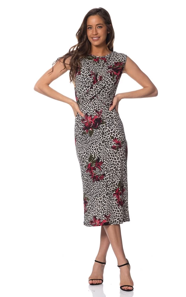 Worship Women's Floral Shift Dress X-Over Detail No Sleeves - Leopard 3 Worship Women's Floral Shift Dress X-Over Detail No Sleeves - Leopard