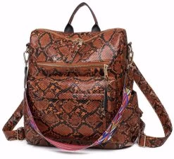 Beakey Fashion Backpack Multipurpose Print Leather Travel Shoulder Bag-Brown Snake Pattern