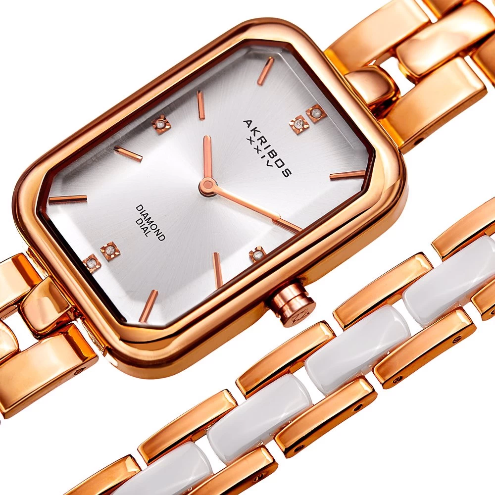 Akribos XXIV Women's Quartz Diamond Rectangular Rose-Tone + Jewelry Bracelet Watch - Rose Gold 5 Akribos XXIV Women's Quartz Diamond Rectangular Rose-Tone + Jewelry Bracelet Watch - Rose Gold - Image 3