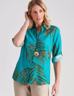 Noni B 3/4 Sleeve Print Linen Shirt Baltic