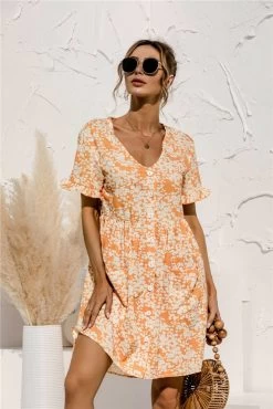 Anette Women's Short Sleeve Polka Dot Print Breasted Pocket Dress - Orange & Beige Floral Print -Madam Clothing Store d09e59b1 8681 47d3 9aa0 88bcc8104409