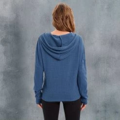 Beakey Women Casual Long Sleeve Solid Hooded Drawstring Knit Jacket-Blue -Madam Clothing Store d2c51a33f2fdfe8691bc6627ce15bde4