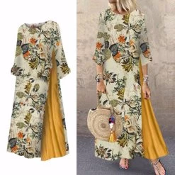 Beakey Womens Long Dress 3/4 Sleeve Flowy Floral Casual Dress For Summer-Yellow -Madam Clothing Store d323e2e23920ca078ce4eb5a88b4521a