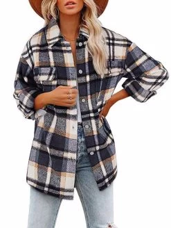 Beakey Womens Flannel Plaid Shirts With Pockets-Grey And Blue
