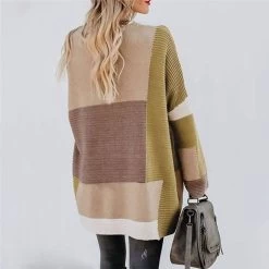 Womens Color Block Cardigan Open Front Sweaters Loose Knit Casual Coat-Khaki-AL6009 -Madam Clothing Store da624144008e496aaaed3a674cc85979