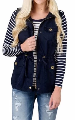 Womens Lightweight Sleeveless Military Anorak Cargo Vest No Hood-Dark Blue
