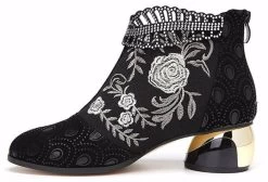 Beakey Womens Ankle Boots Chunky Heel Embroidered Flowers Rhinestone Leather Boots-Black