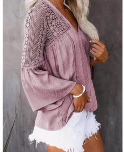 Beakey Womens V-neck Lace Crochet Shirt Flare Sleeve Buttoned Blouses-Pink -Madam Clothing Store e05643eb1d8a7936cfa763570d18a4f6