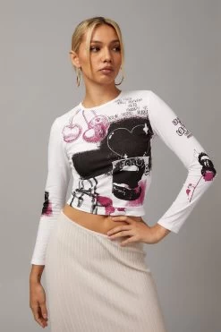 Factorie Long Sleeve Fitted Graphic Tee White