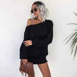 Beakey Womens Autumn Winter Off Shoulder Casual Loose Sweater Dress-Black -Madam Clothing Store e17e02ad7b92dabc2b87e6da9d47a50c