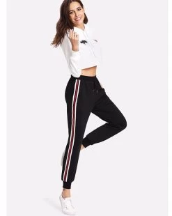 Womens Drawstring Waist Red And White Striped Side Jogger Sweatpants With Pocket-Black -Madam Clothing Store e19aa46f30a3bbeac5f2781695f107a3