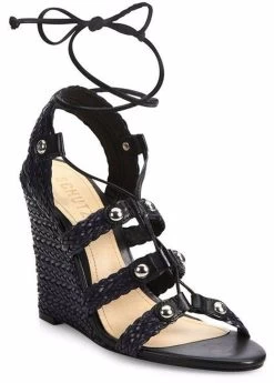 Schutz Jayne Woven Black Leather Single Sole Wedge Heel Sandals