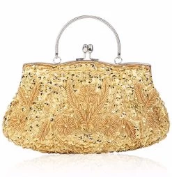 Beakey Beaded Sequin Design Flower Evening Purse Large Clutch Bag-Gold
