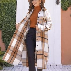 Beakey Womens Lapel Plaid Wool Blend Coat Long Jacket-Khaki -Madam Clothing Store eac6a43bf05ccb9a0ae944af617891d3