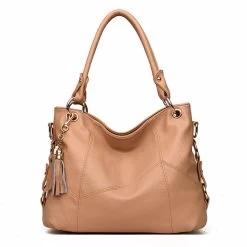 Beakey Women PU Leather Handbag Large Capacity Satchel With Shoulder Strap-Khaki