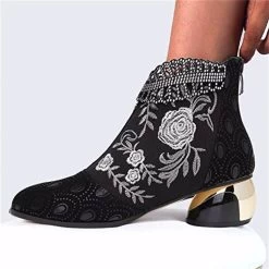Beakey Womens Ankle Boots Chunky Heel Embroidered Flowers Rhinestone Leather Boots-Black -Madam Clothing Store edffd2f00a3fdadf0926a528bd83dc1c