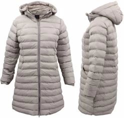 Women's Longline Padded Hooded Jacket Puffer Puffy Quilted Windproof Zip Coat - Grey