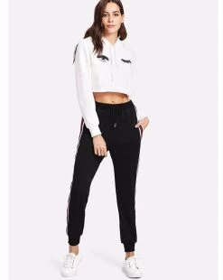 Womens Drawstring Waist Red And White Striped Side Jogger Sweatpants With Pocket-Black -Madam Clothing Store ee866571c75ad62543df744d6acdf921