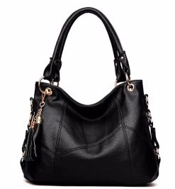 Beakey Women PU Leather Handbag Large Capacity Satchel With Shoulder Strap-Black
