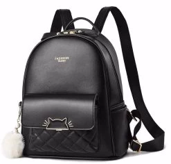 Beakey Mini Backpack For Women Cute Leather Small Bookbag With Cat Shaped Lock-Black