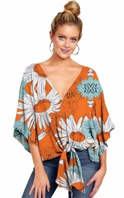 Beakey Boho Womens Blouse V Neck Tie Knot 3/4 Sleeve Summer Casual Tops-Yellow