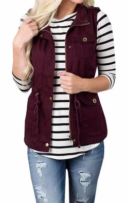 Womens Lightweight Sleeveless Military Anorak Cargo Vest No Hood-Wine Red -Madam Clothing Store fb03dfa52989c00c5ec568fad9cce546