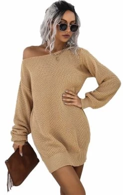 Beakey Womens Autumn Winter Off Shoulder Casual Loose Sweater Dress-Khaki